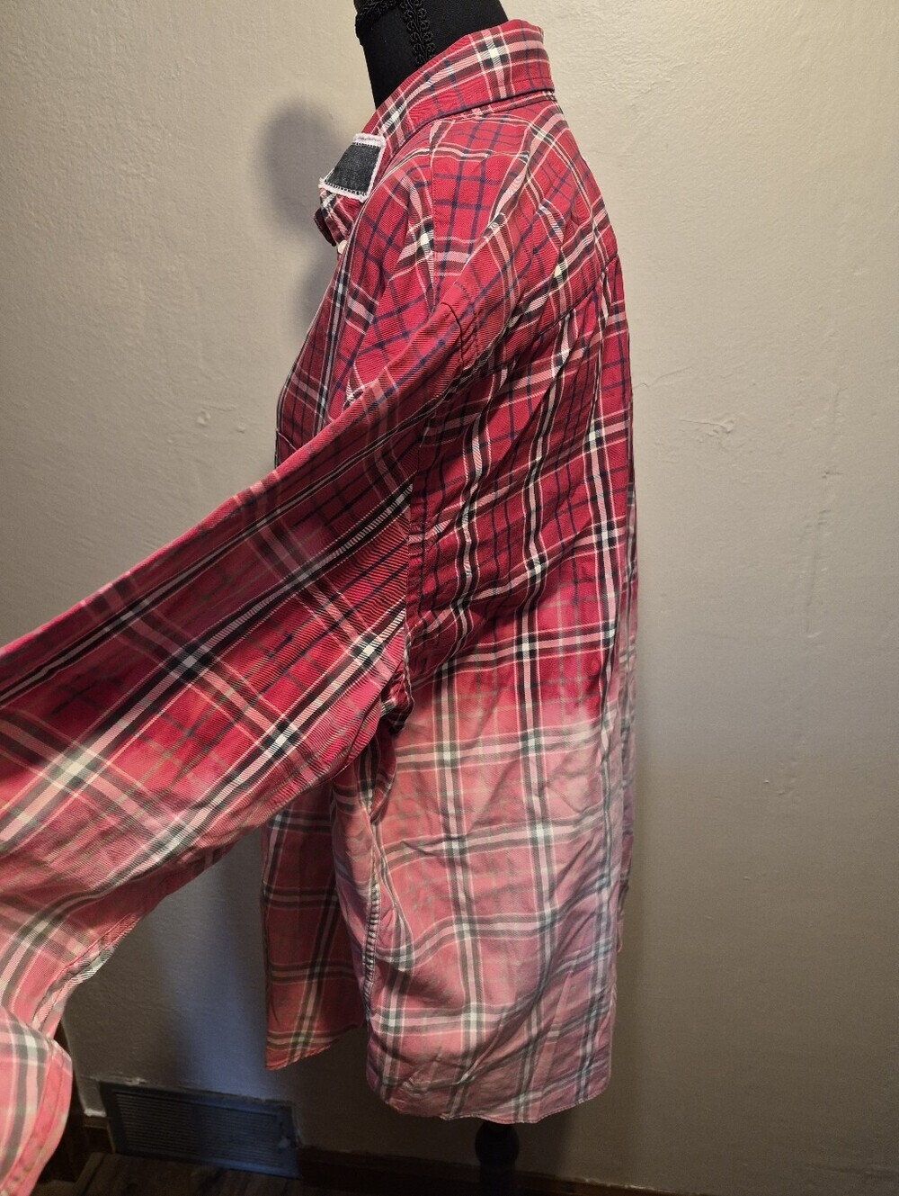 Nautica Upcycled Red Ombre Plaid Button-Up Shirt With Patches - Picture 7 of 10